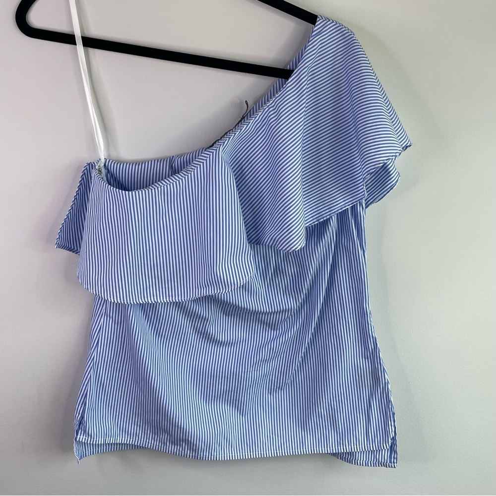Lauren Ralph Lauren Striped One Shoulder Blouse With Ruffle Accent Size 2 - Picture 3 of 5
